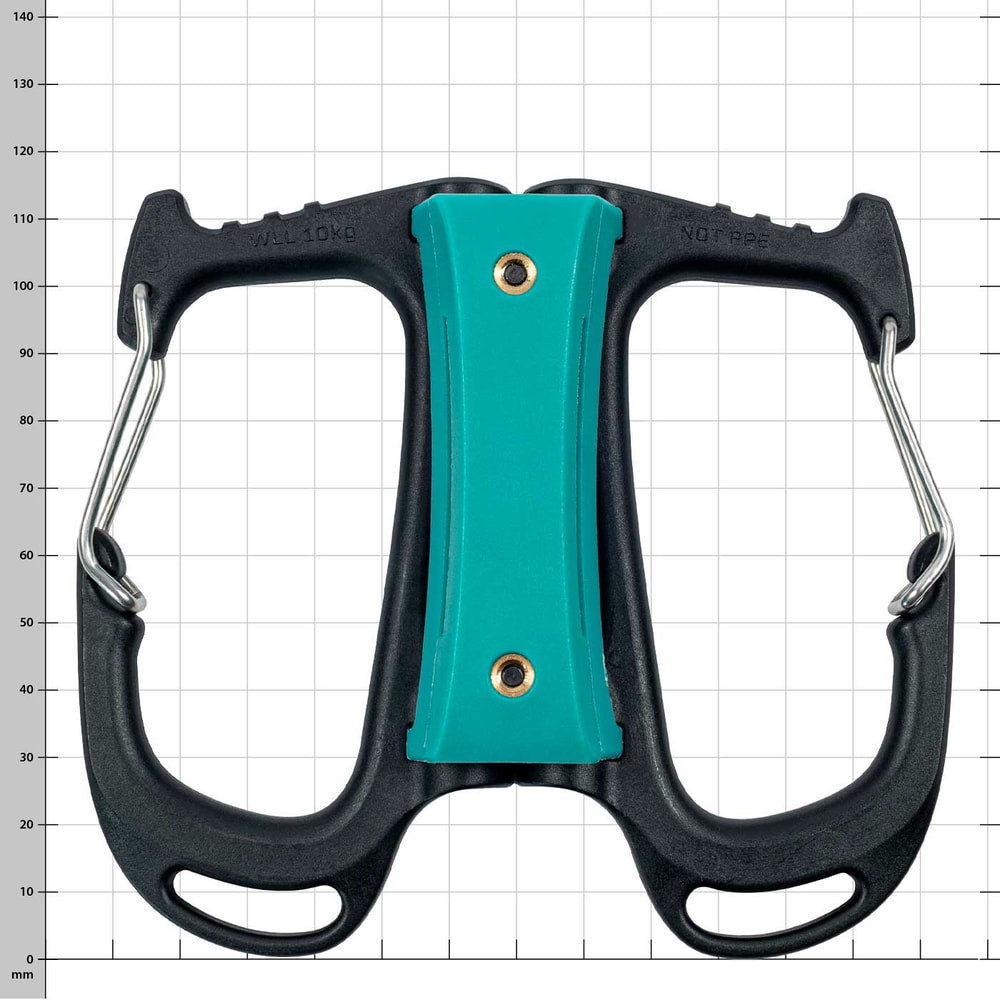 Cargo Tool Carrier, Black and Green Tool Carrier with Metal Clips, Back View Against White Background with Grid