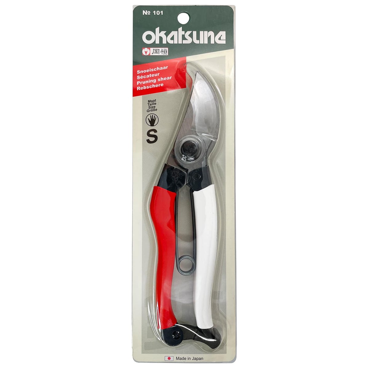Okatsune 18 secateurs in red and white handle packaging, size S, "Made in Japan" visible on packaging