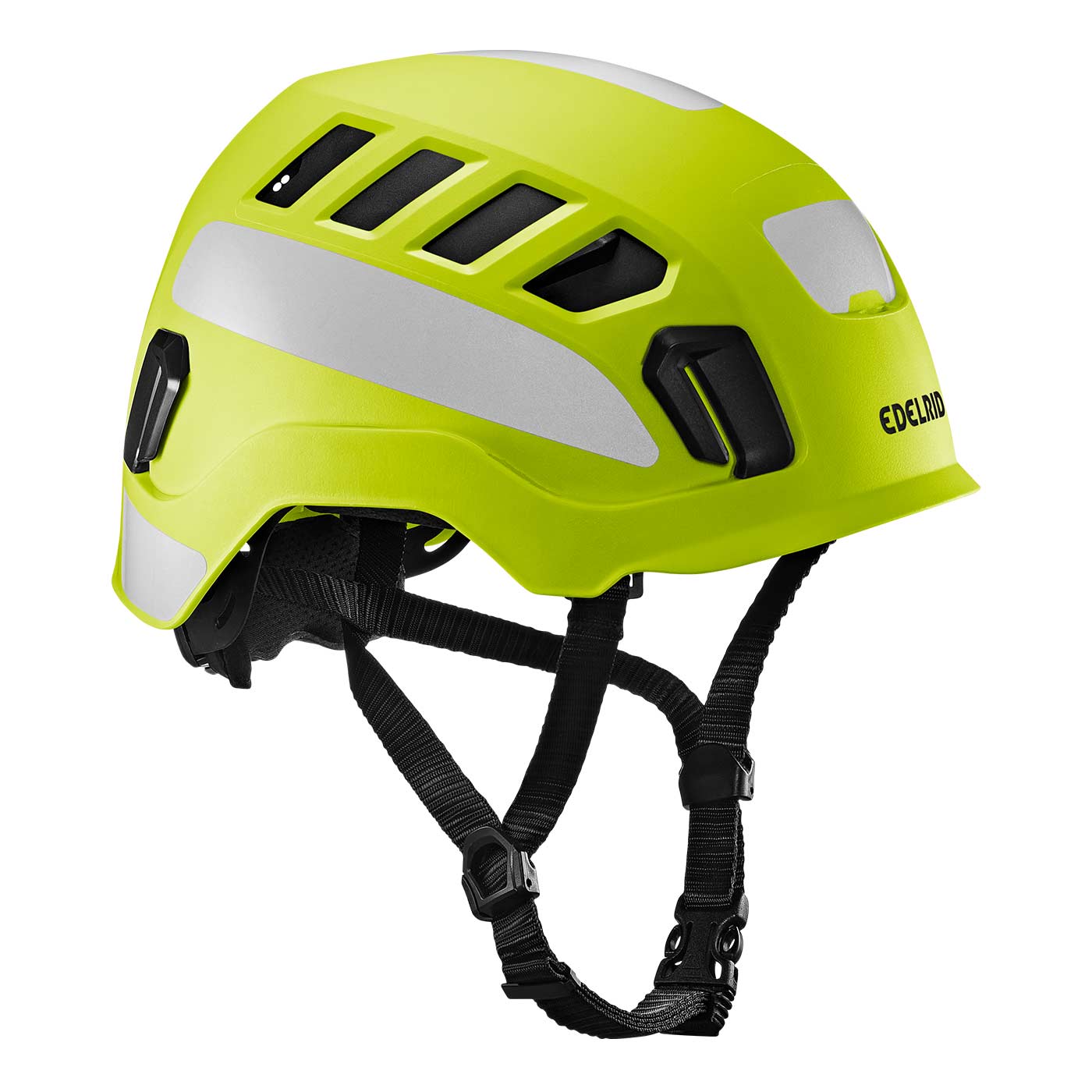 Tectum Air Hi-Viz climbing helmet by Edelrid in bright yellow with white reflectors and black chin strap, side view
