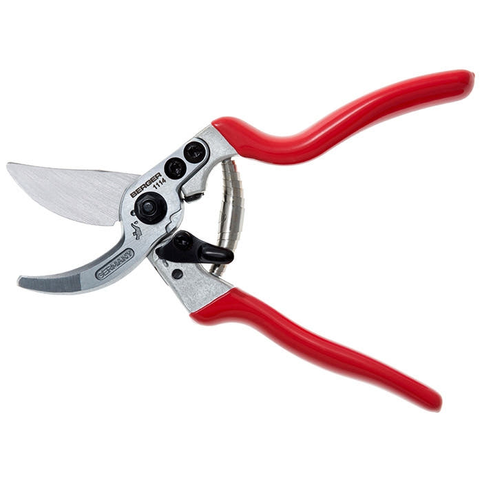 Berger 1114 secateurs with red handles, manufacturer name Berger and model number 1114 visible
