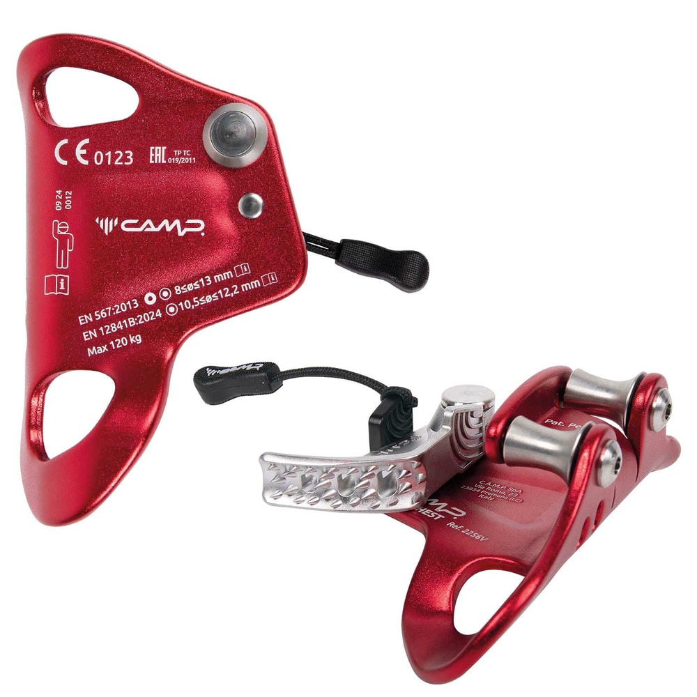 Red CAMP Turbochest pulley with two silver pulleys, black drawstring and silver metal part, front and back visible, cropped against white background