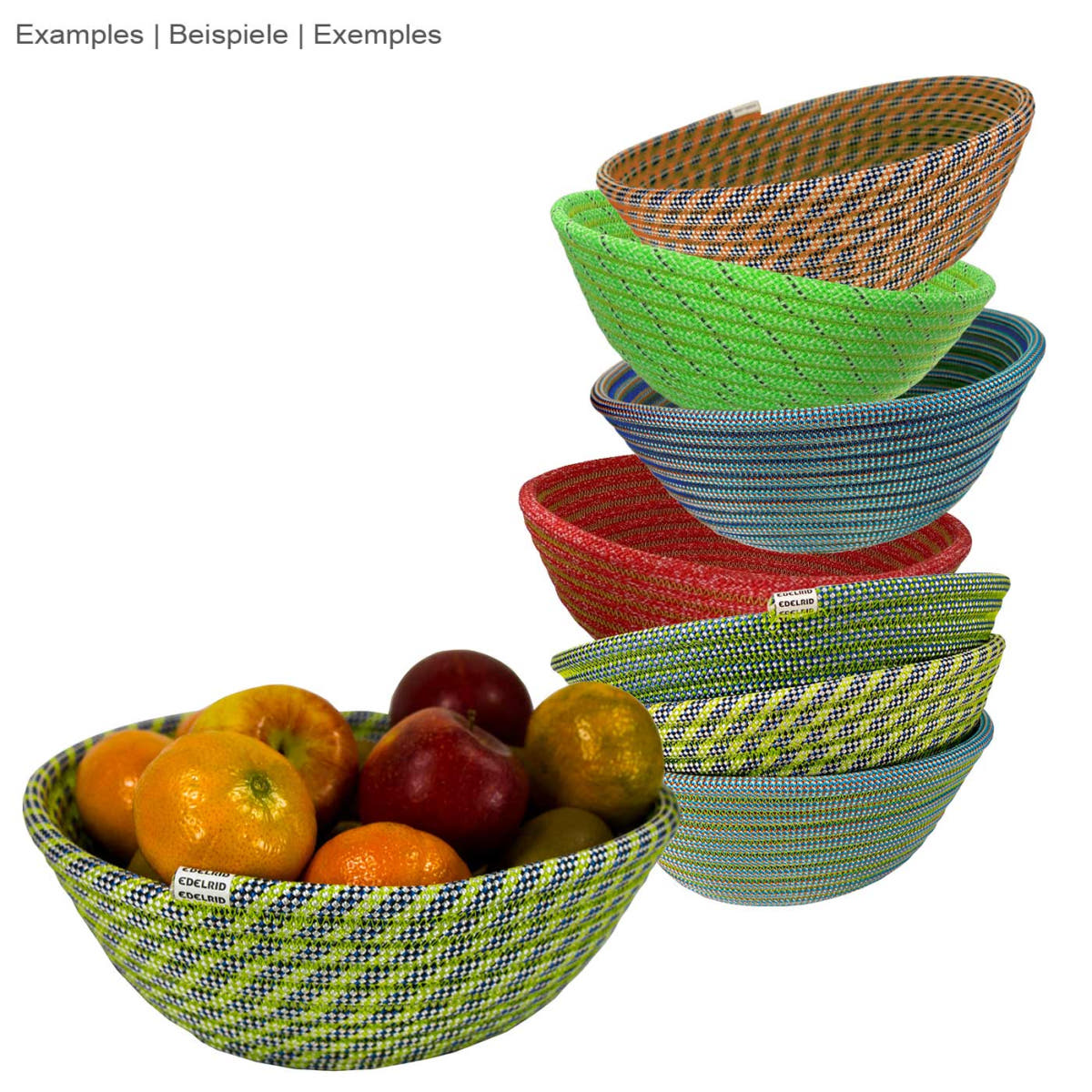 Rope Bowl by Edelrid, colorful bowls made of rope, stacked and a filled with fruit