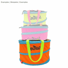 Three Pelican L bags in yellow, pink and orange stacked with blue edges and differently colored handles