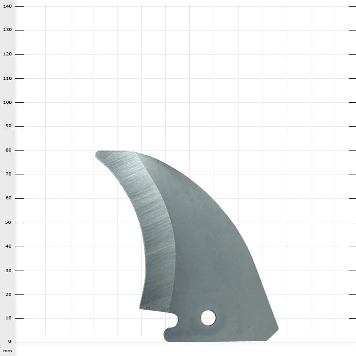 Hayate sickle, a silver curved knife with a pointed blade and a hole at the bottom