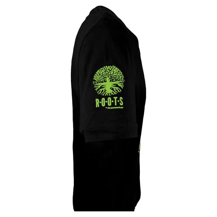 Inside Me black T-shirt with green logo "ROOTS by Preserverwear" on the sleeve, side view