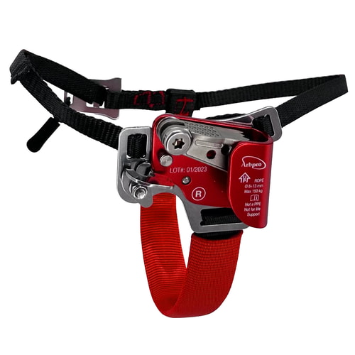 Gemini Foot Right, red and black via ferrata with metal mechanism and textile harness.