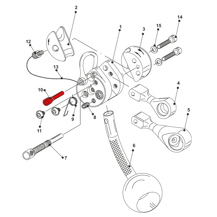 Technical drawing with various components, red marking on the LockJack bearing screw for carabiner mount