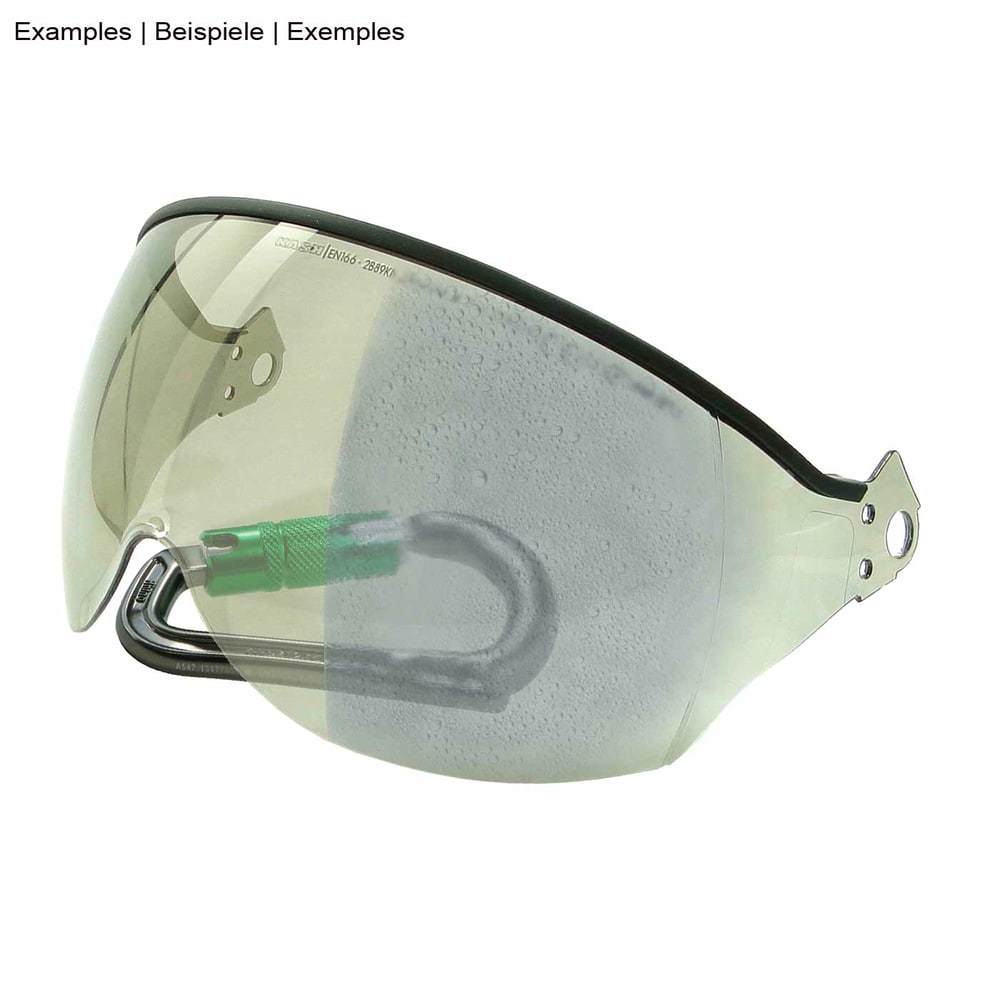 Transparent visor with black edge, partially studded, with green snap hook in the background