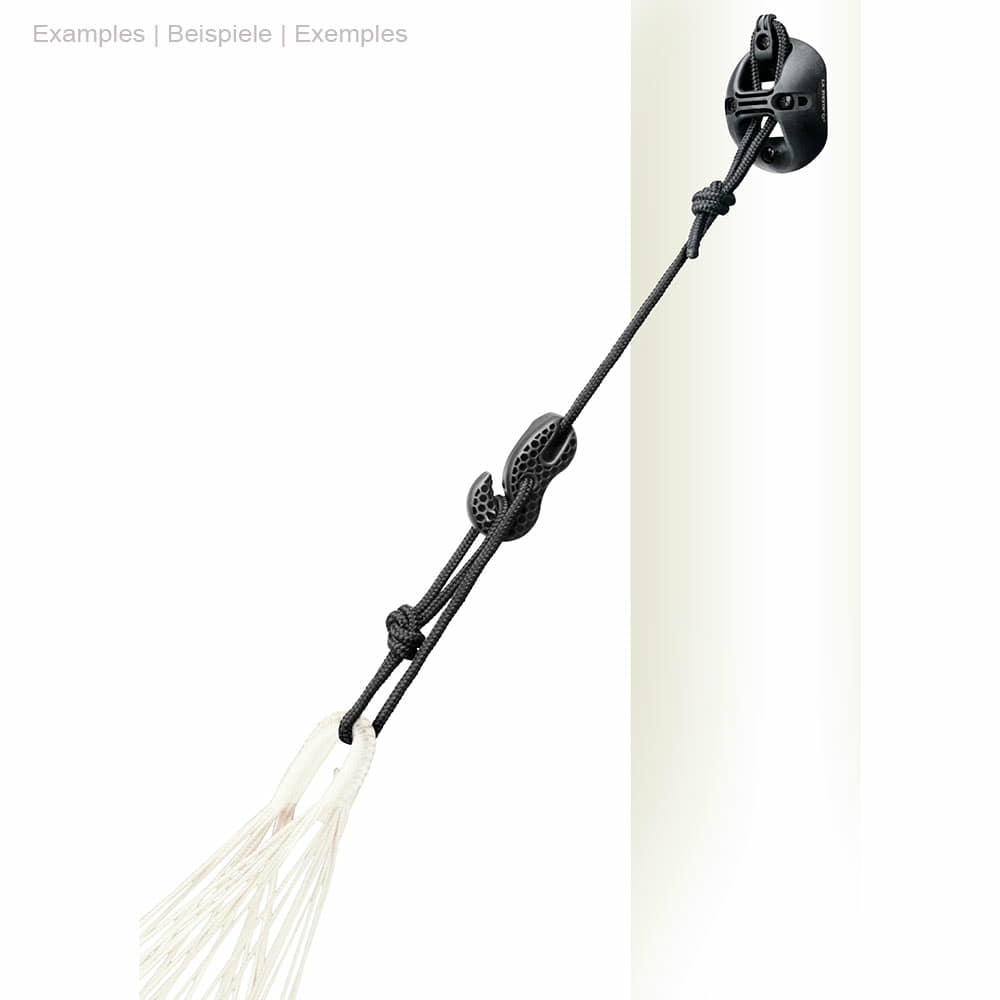CasaMount Hammock by La Siesta mounted on a white wall with black rope and hook from which a white hammock hangs