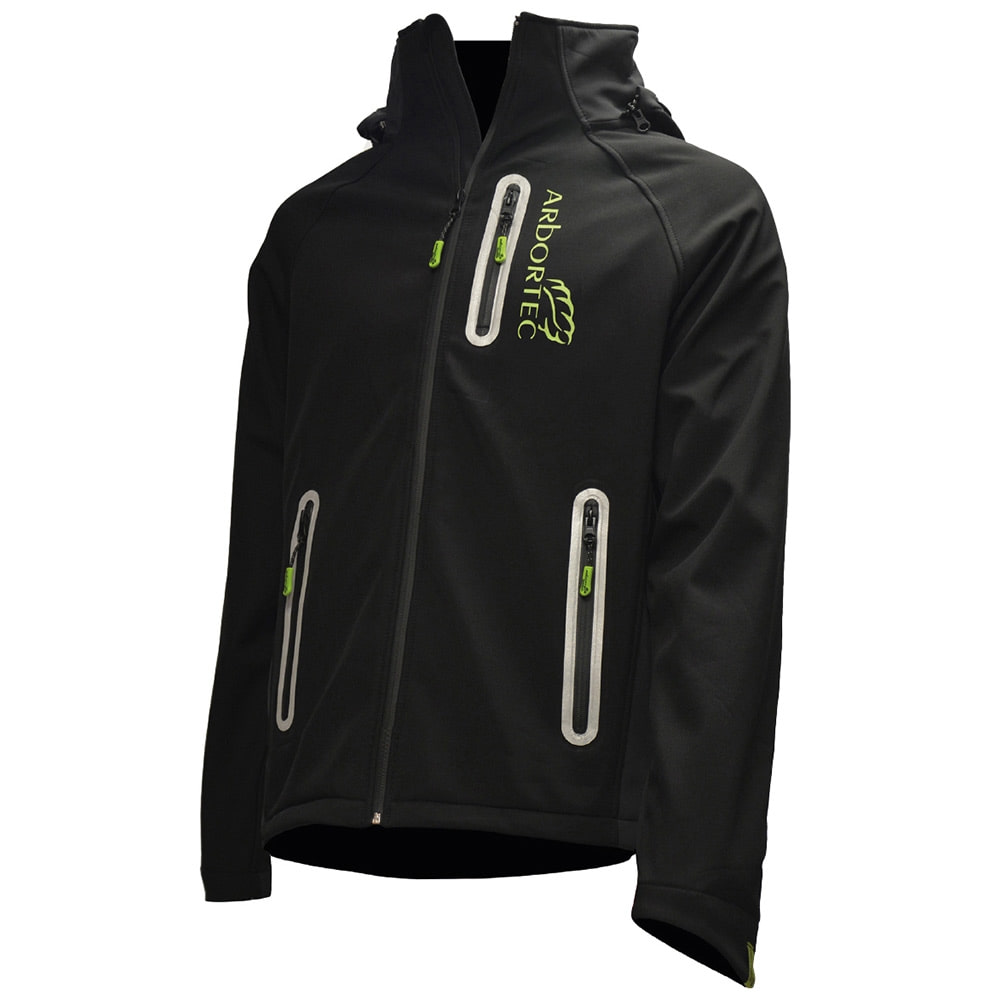 Black Caiman jacket by Arbortec with three zippered pockets and green logo on the chest