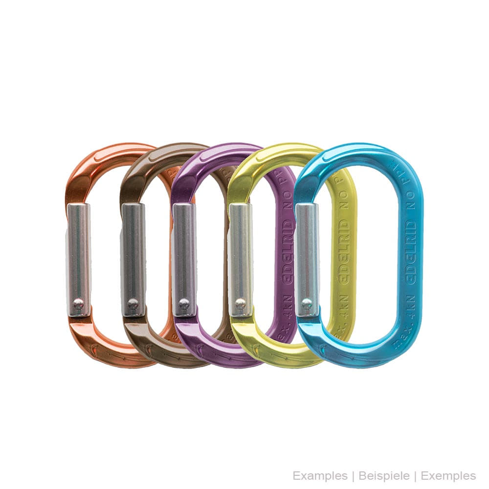 Mini-O snap hook in five different colours (orange, brown, purple, yellow, blue) with silver locking springs, manufacturer not visible