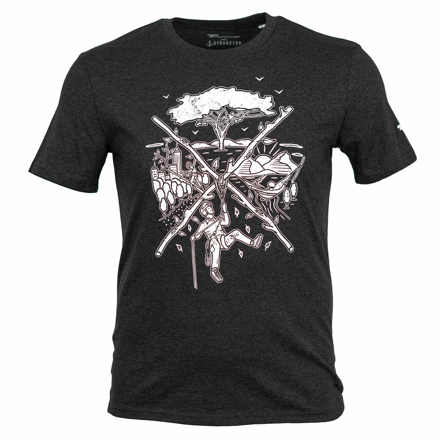 tSPIRIT T-shirt in dark grey with white graphic print of a climber and nature motifs on the front