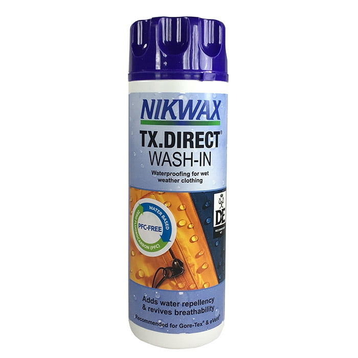 Nikwax TX-Direct Wash-In Bottle with Blue Lid and Inscription, Product for Waterproofing