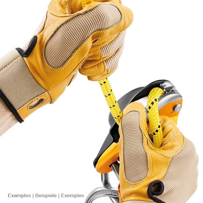 Petzl RIG, gloves holding yellow rope, belay device with snap hook and metal bracket