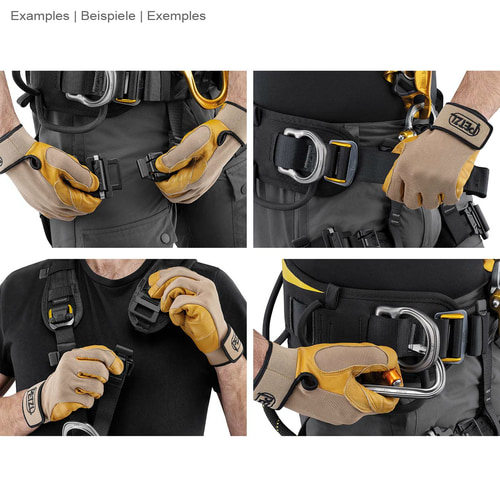Astro Bod Fast harness by Petzl in close-up with a person operating various fasteners and buckles of the harness with gloves