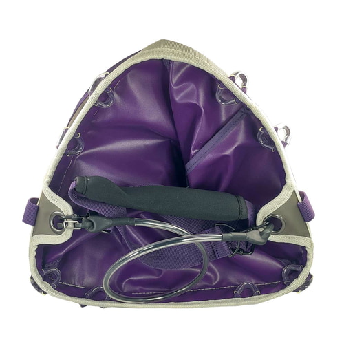 Genius Tool Bucket 2, inside of the bag, purple lining with white border and metal rings, black handle and metal bracket