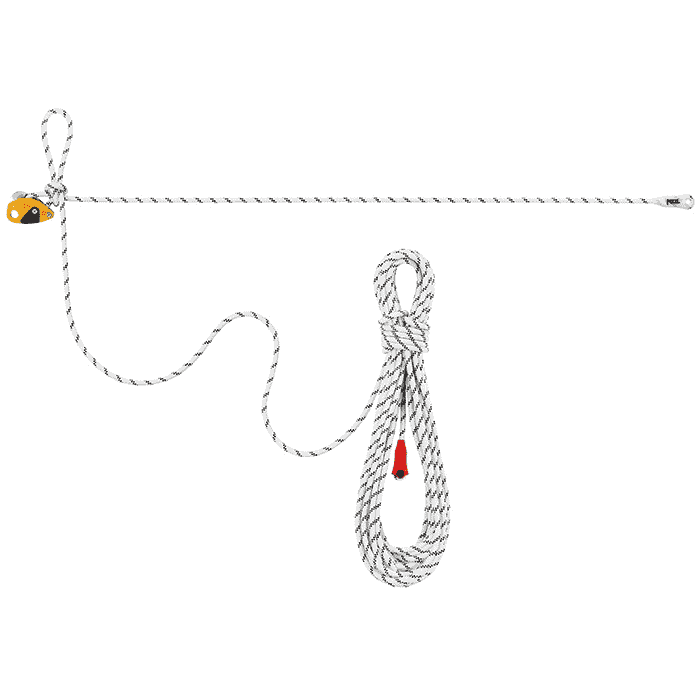 Grillon by Petzl, long white rope with yellow rope clamp element and red rope end