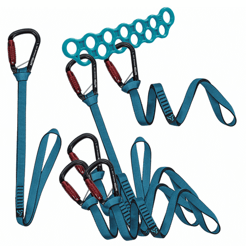Speedline Lite Kit 26" with several blue webbing slings, black and red carabiners and a blue belay device, manufacturer and product type not visible