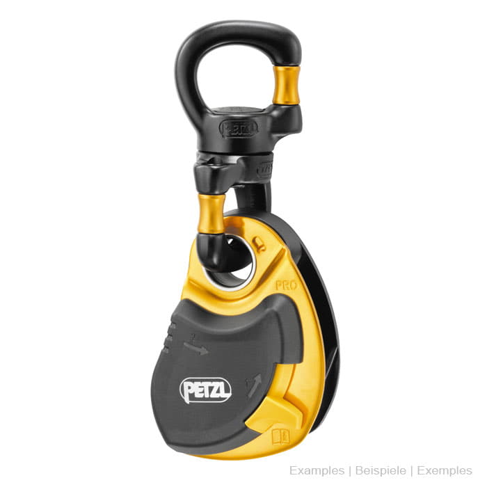 Petzl Swivel Open, swivel snap hook attached with a yellow and black pulley