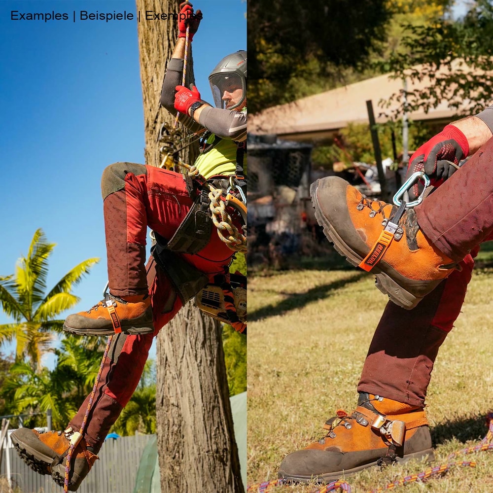 Two photos show a person wearing orange shoes and red pants wearing Reecoil's Foot Loop 1 on their feet, one shot climbing a tree, the other shot shows the Foot Loop 1 attached to the foot with a snap hook.