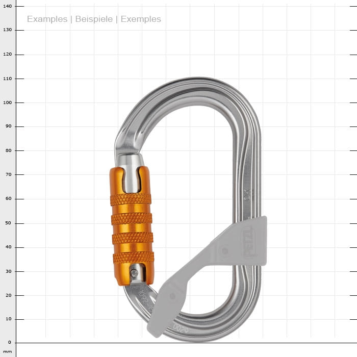 OK Triact, carabiner with silver body, orange screw cap and grey plastic lever