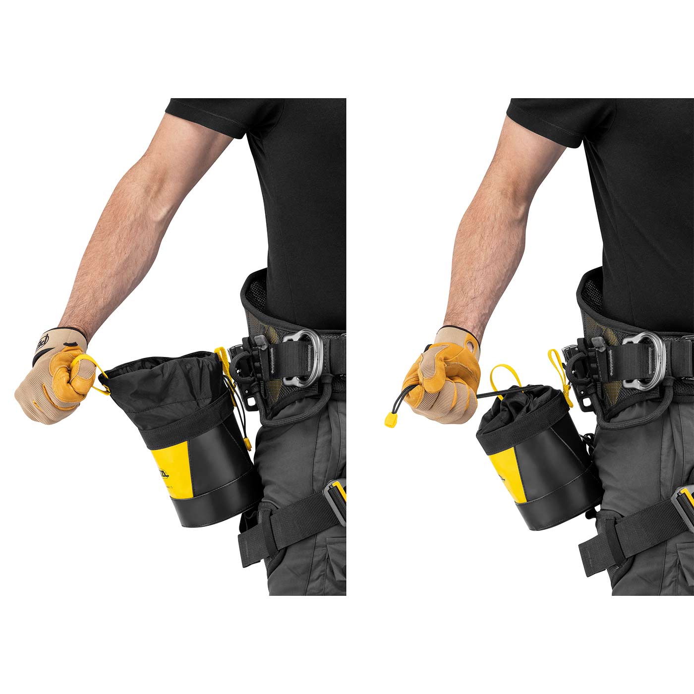Toolbag 1.5 by Petzl, yellow and black bag with drawstring, attached to a climbing harness, two pictures of a person wearing gloves and pulling the cord