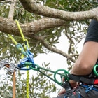 Close-up of a person wearing climbing equipment and miniGLIDE yellow rope with blue carabiners and blue pulley in a tree