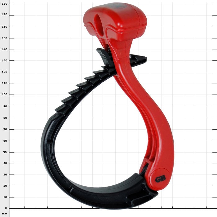 Cable Wraptor XL, red and black plastic clip with ergonomic handle and serrated locking mechanism