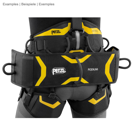 Petzl podium, black and yellow hip belts with Petzl lettering and podium carried by one person from behind