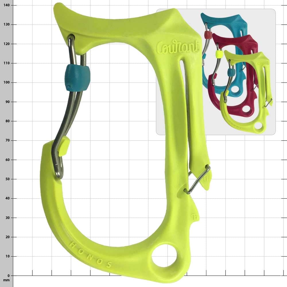 Honos L, yellow carabiner with blue clasp, visible embossing "Courant" and "Honos"