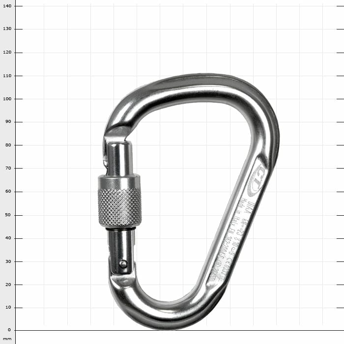 Tofana HMS Screw metal carabiner with screw cap, silver-coloured, on a white background with dimensions