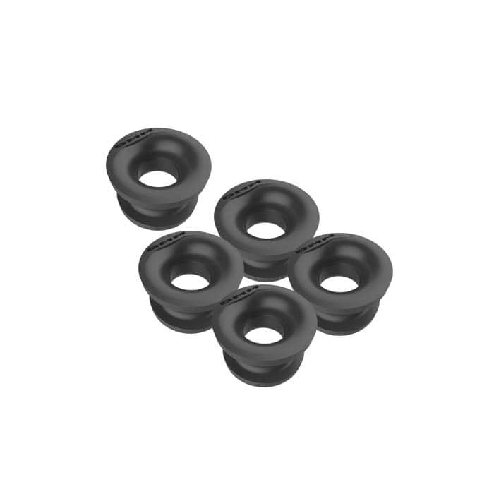 Five black Grommet pieces with the inscription "DMM" on a white background, product name Grommet