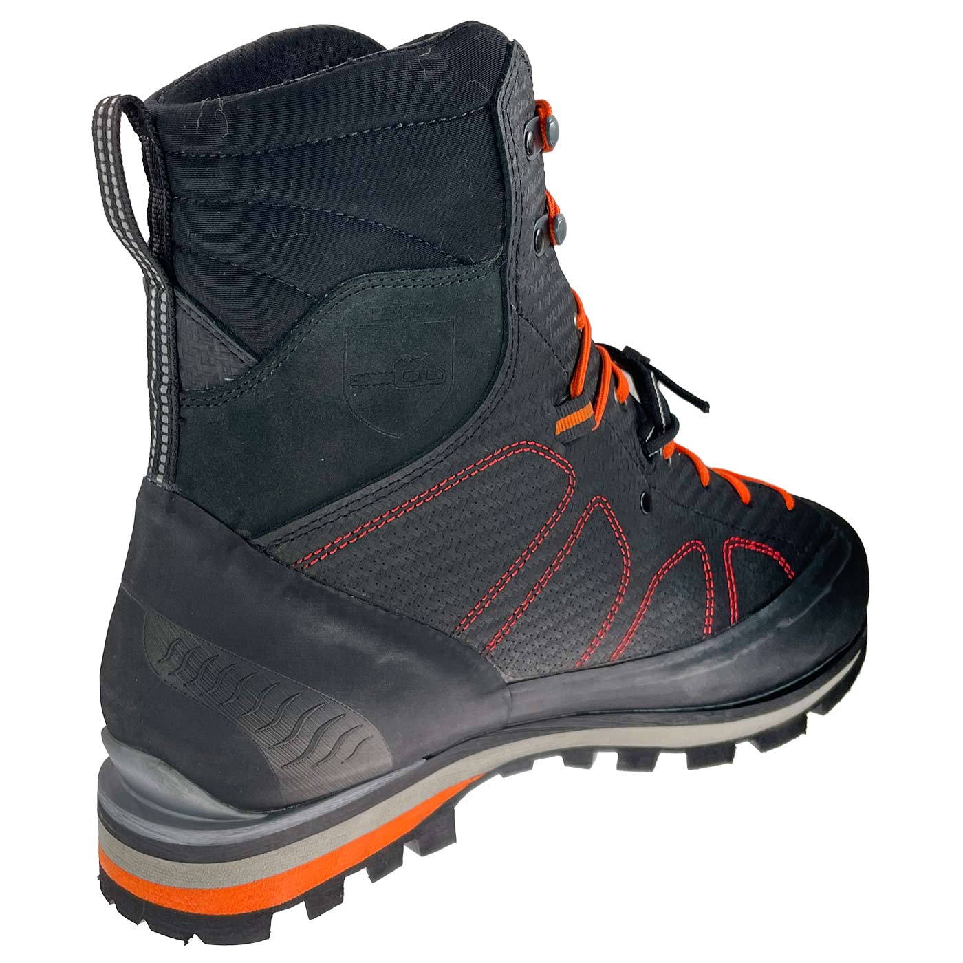 Evo Safety shoe in black with orange laces from the back right, manufacturer's name not visible