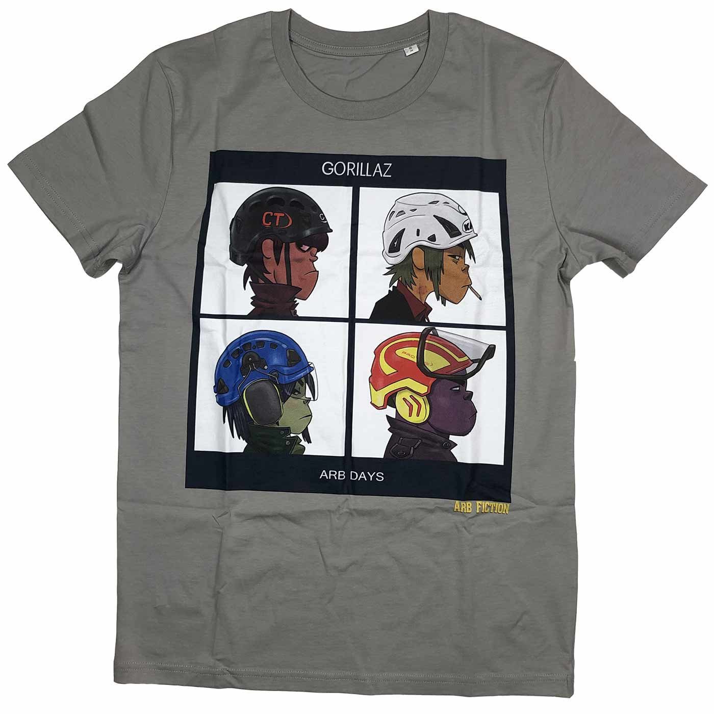 Gorillaz T-shirt in grey with a square print showing four cartoon characters with helmets, "GORILLAZ" at the top and "ARB DAYS" at the bottom