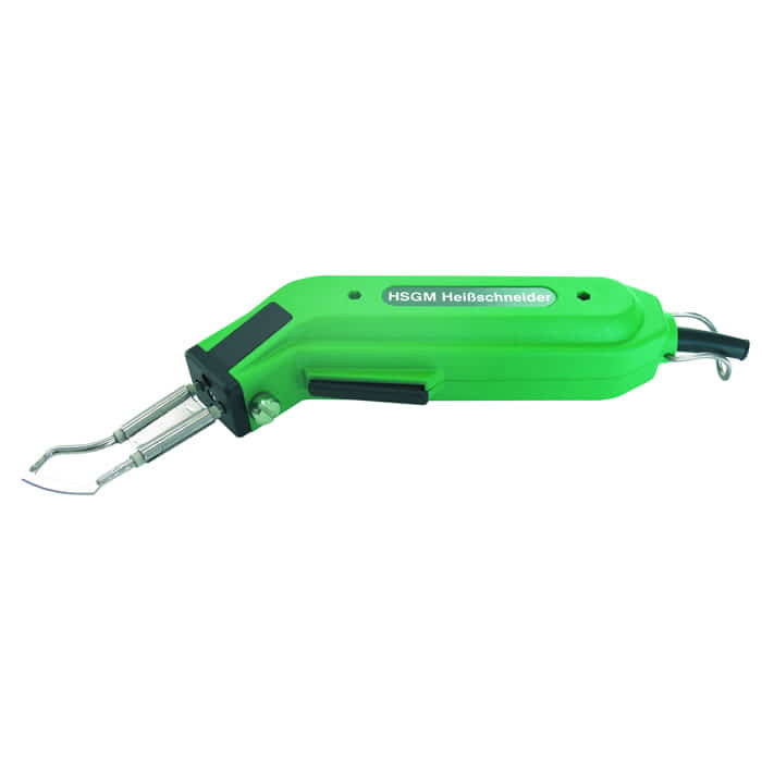 Green hot cutter with black handle and two metal tips that says "HSGM Hot Cutter"