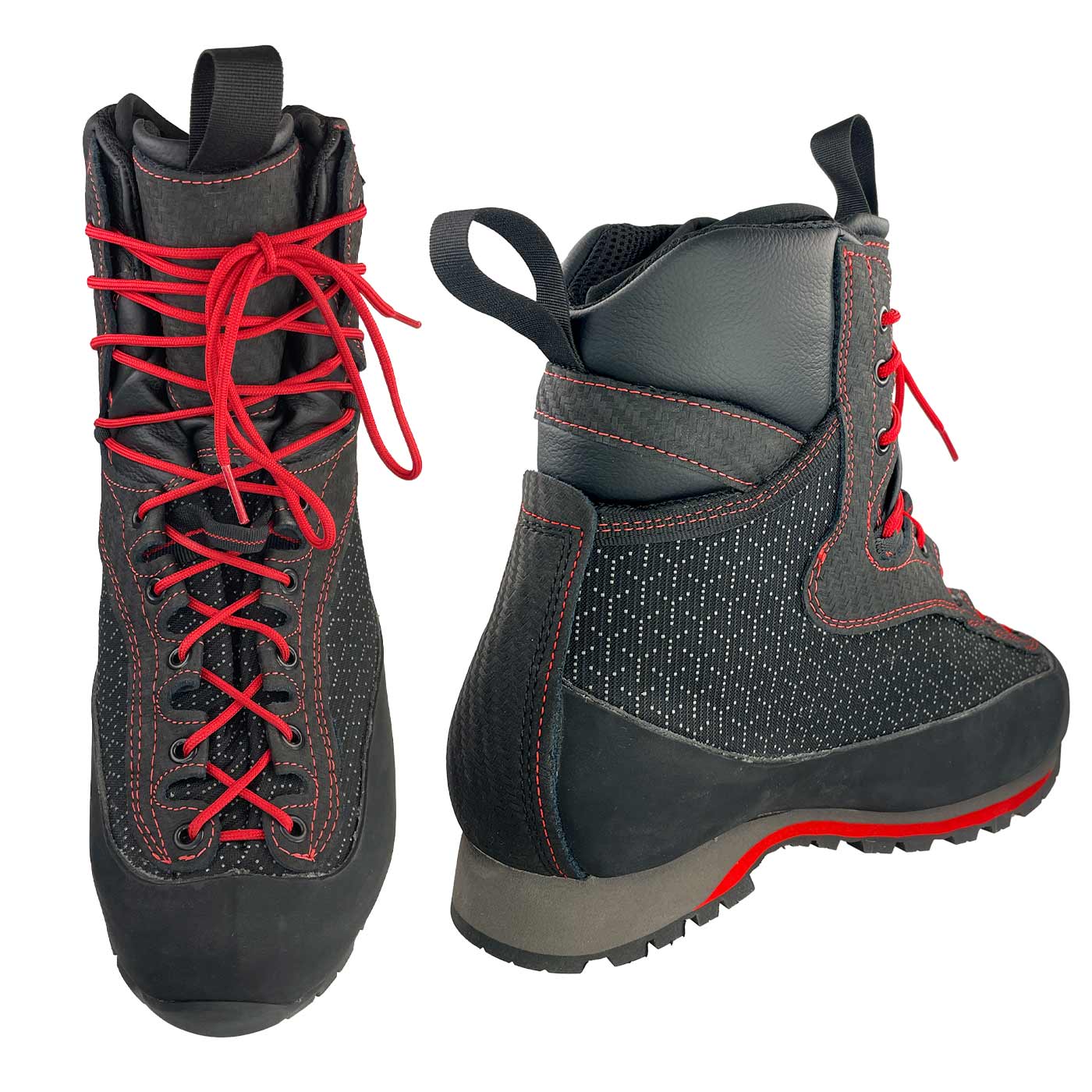Arborist Xlight shoe in black with red laces, side and top view, manufacturer not visible