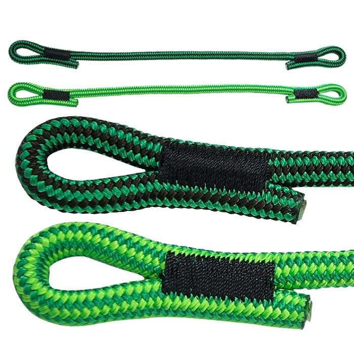 treeMOTION Evo rope bridge shows two green and black ropes with loop ends in close-up