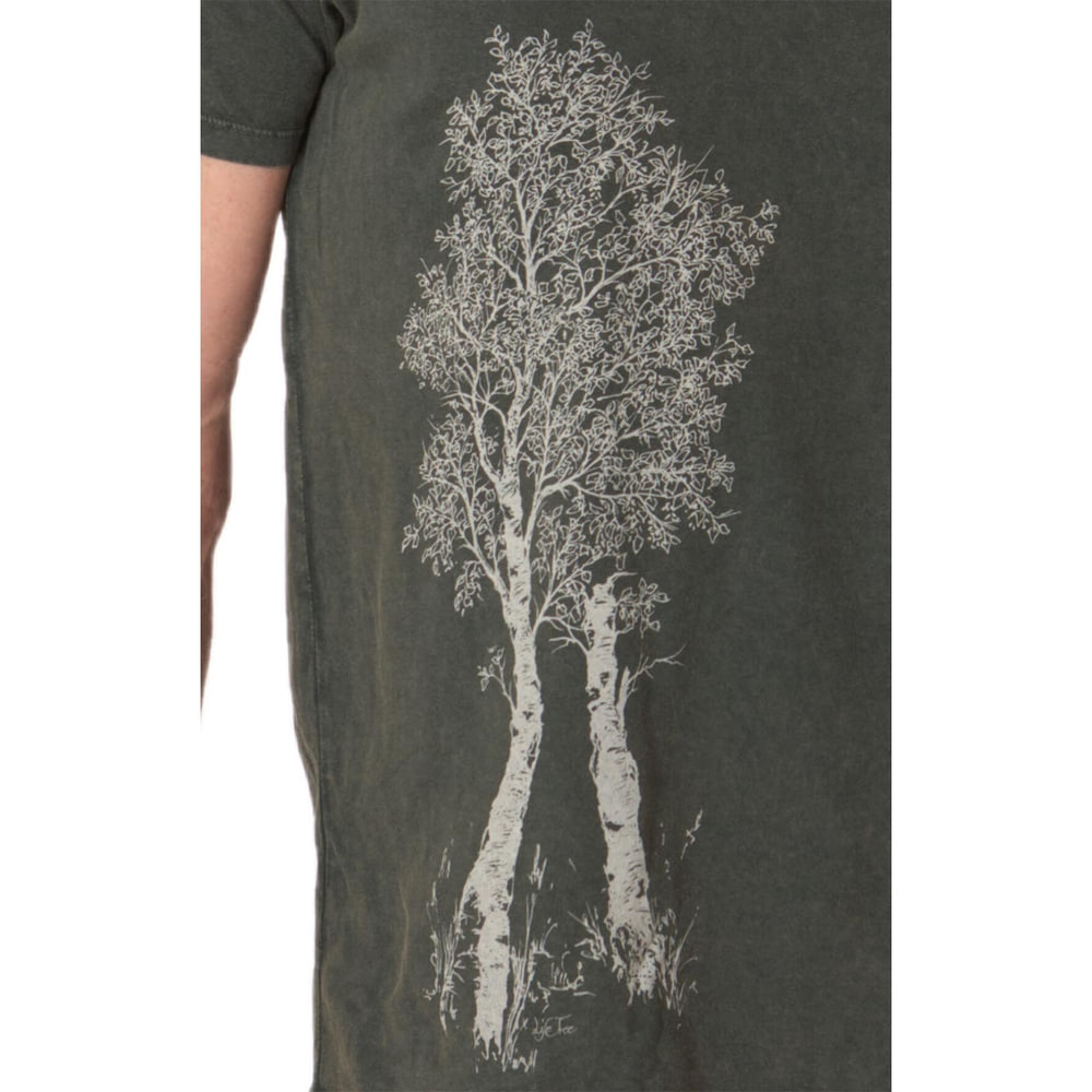 Detail of the white tree motif on the olive green Birch Tree T-shirt