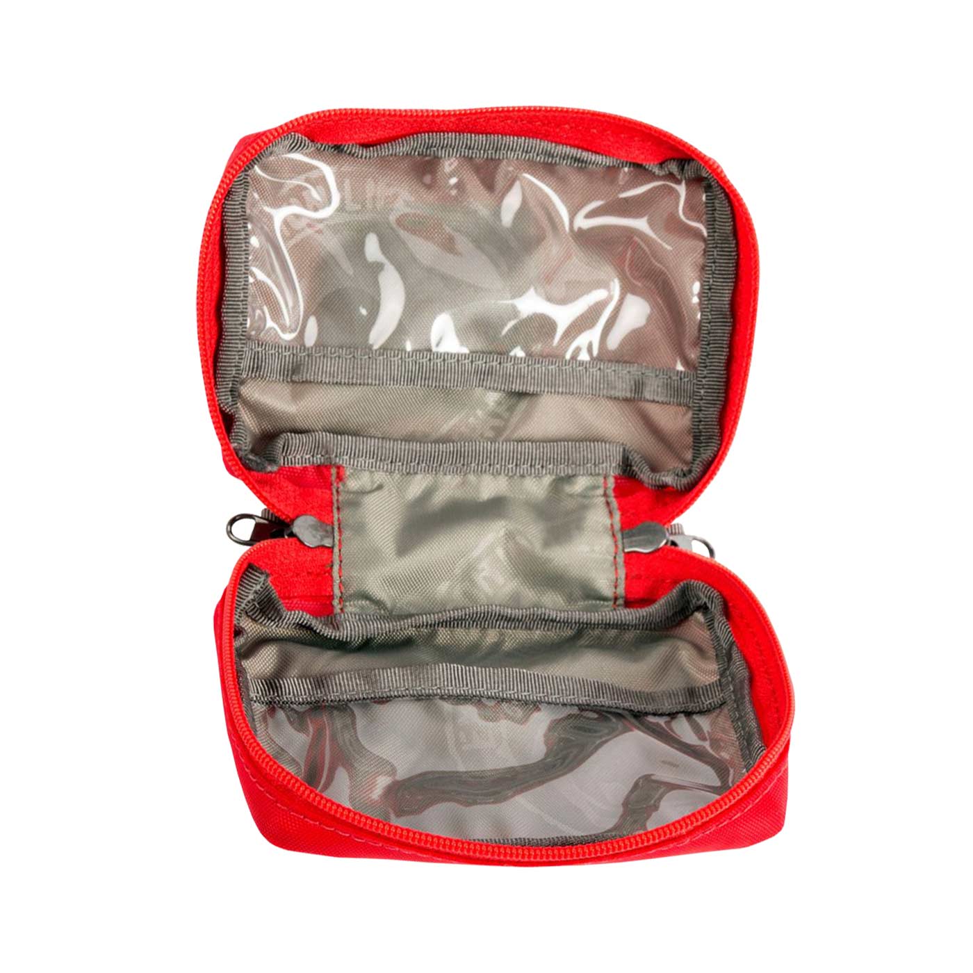 Opened red Tatonka First Aid XS first aid kit with transparent and grey inner pockets