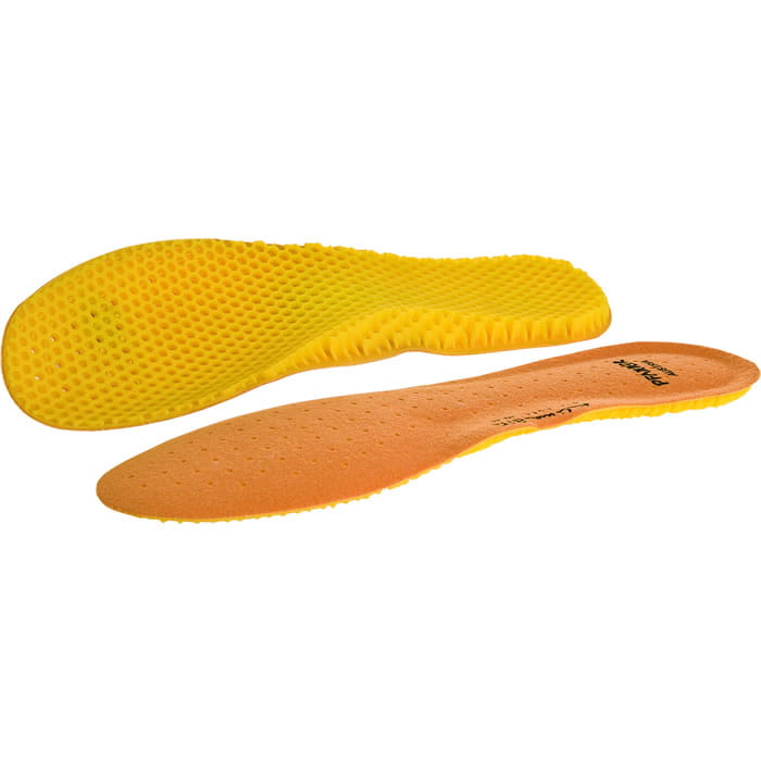 A pair of yellow and orange insoles with honeycomb structure on the bottom, product name Air Soft Outdoor