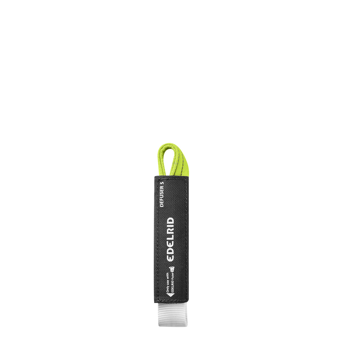 Defuser S by Edelrid, black protection with green loop and white ribbon