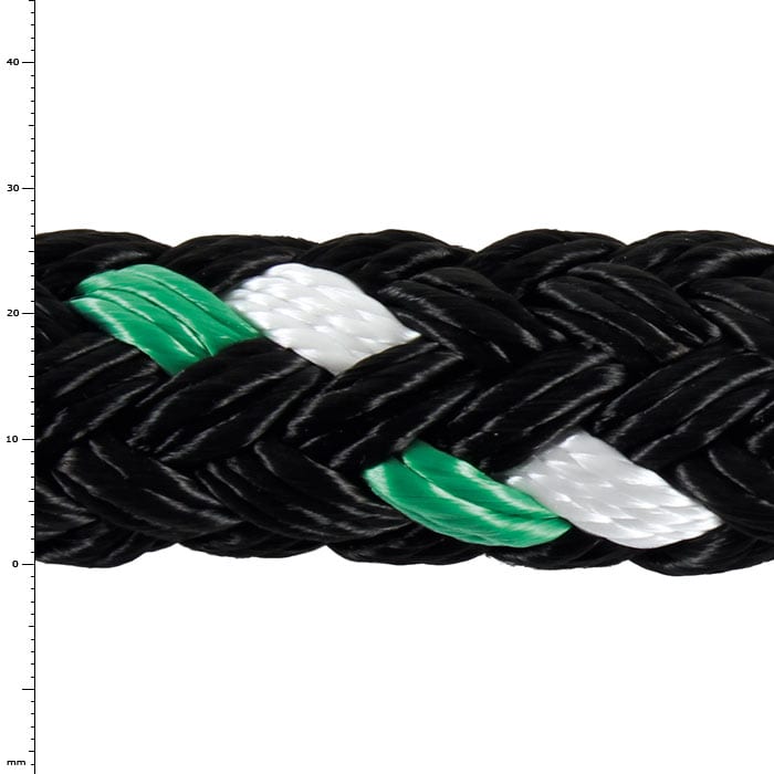 GEFA 8T PES green, close-up of a braided black rope with green and white threads