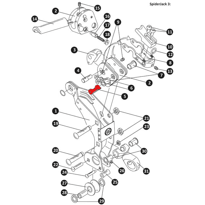 Technical drawing of the SpiderJack 3 with numbered individual parts, the wear bolt is highlighted in red and shown in a central position in the mechanism