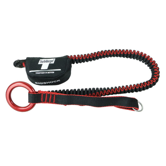 antiSHOCK Tool Lanyard by Teufelberger, black and red elastic band with red metal ring and black label with inscription
