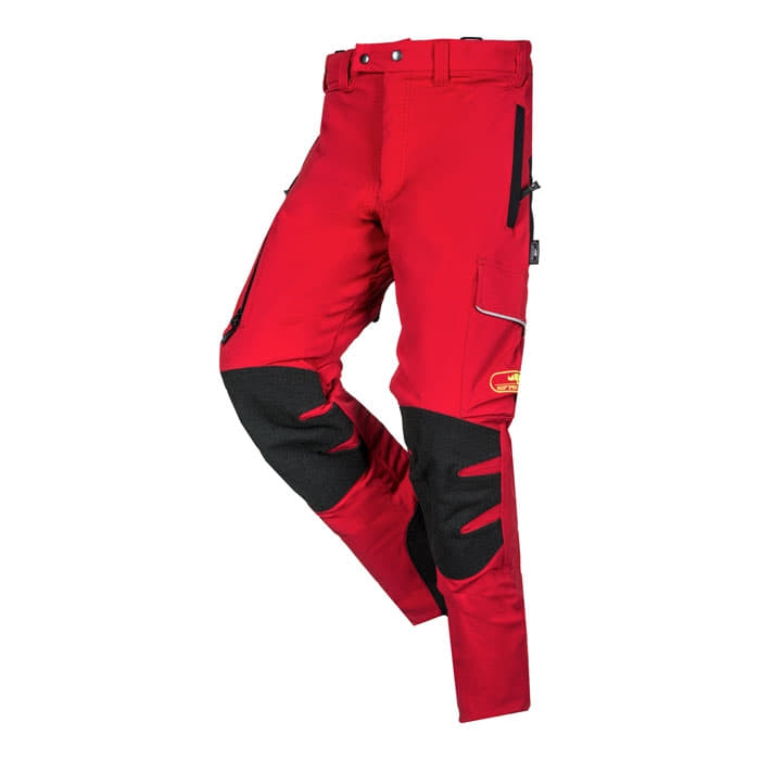 Arborist Progress red work trousers with black knee and leg reinforcements, visible logo on the side