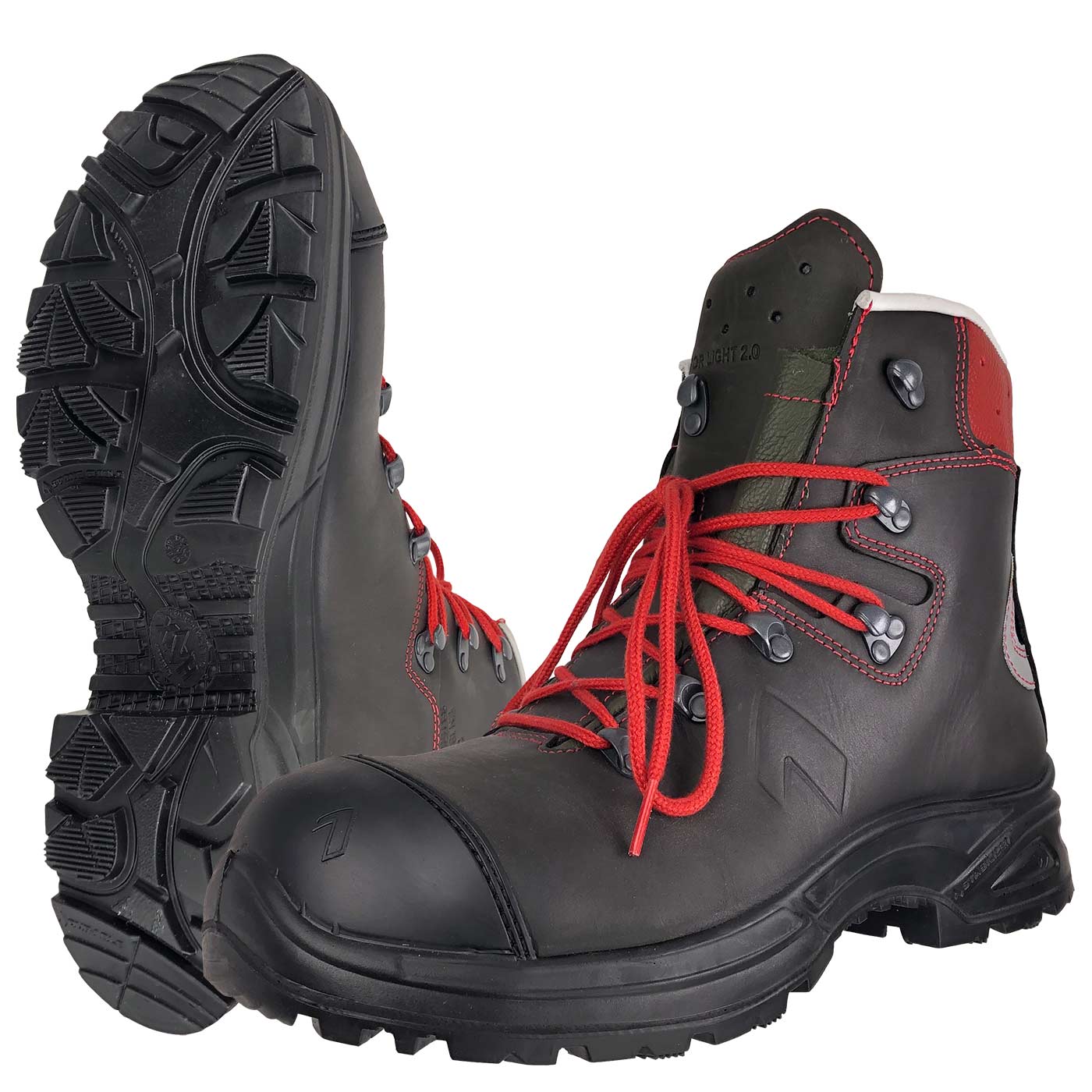 Black Protector Light 2.1 work shoe with red laces, black sole and red heel area, one shoe stands upright, the other lies with the sole facing forward