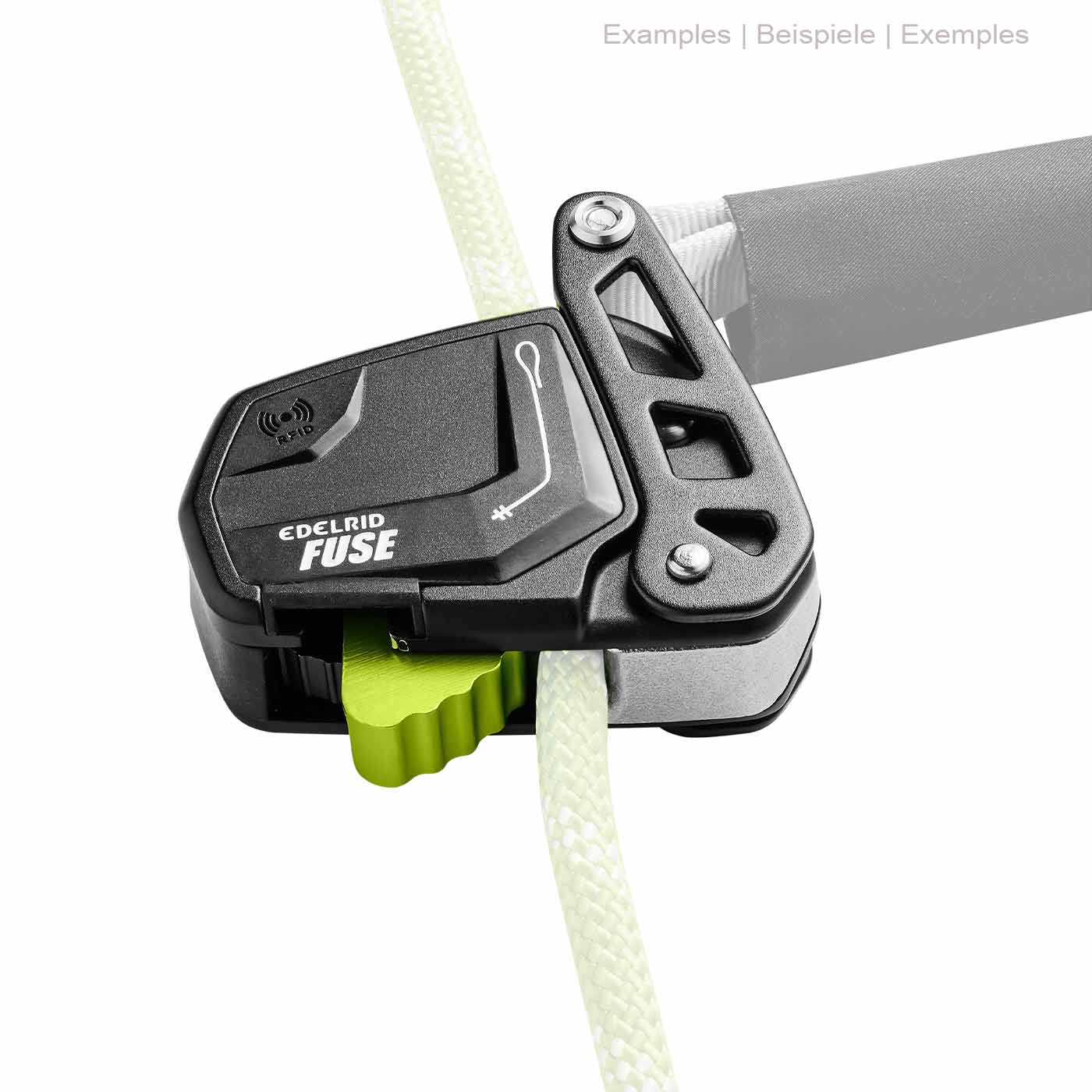 Edelrid Fuse in black with green lever through which a white rope is passed, on a white background