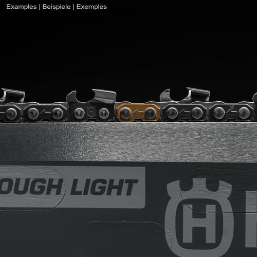 Close-up of the Husqvarna X-Tough Light Rail 36/3/8 with black and gold chain links on the rail with gray background and logo