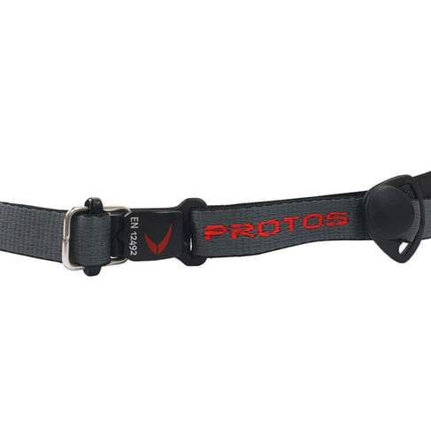 PROTOS® Maclip chin strap with closed plastic closure, black and grey webbing with red PROTOS inscription and EN 12492 standard on the closure