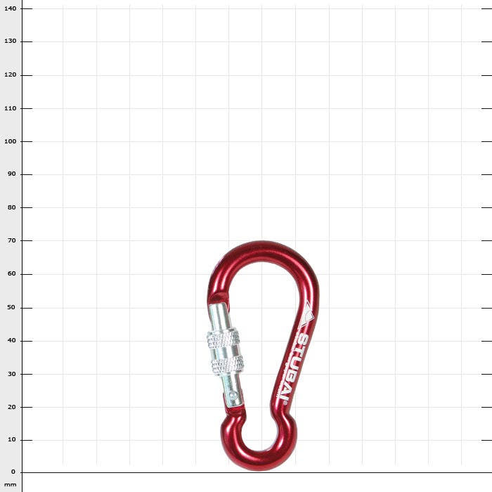 Red snap hook with silver screw cap and white inscription "SLUBAN", product name Dwarf EL